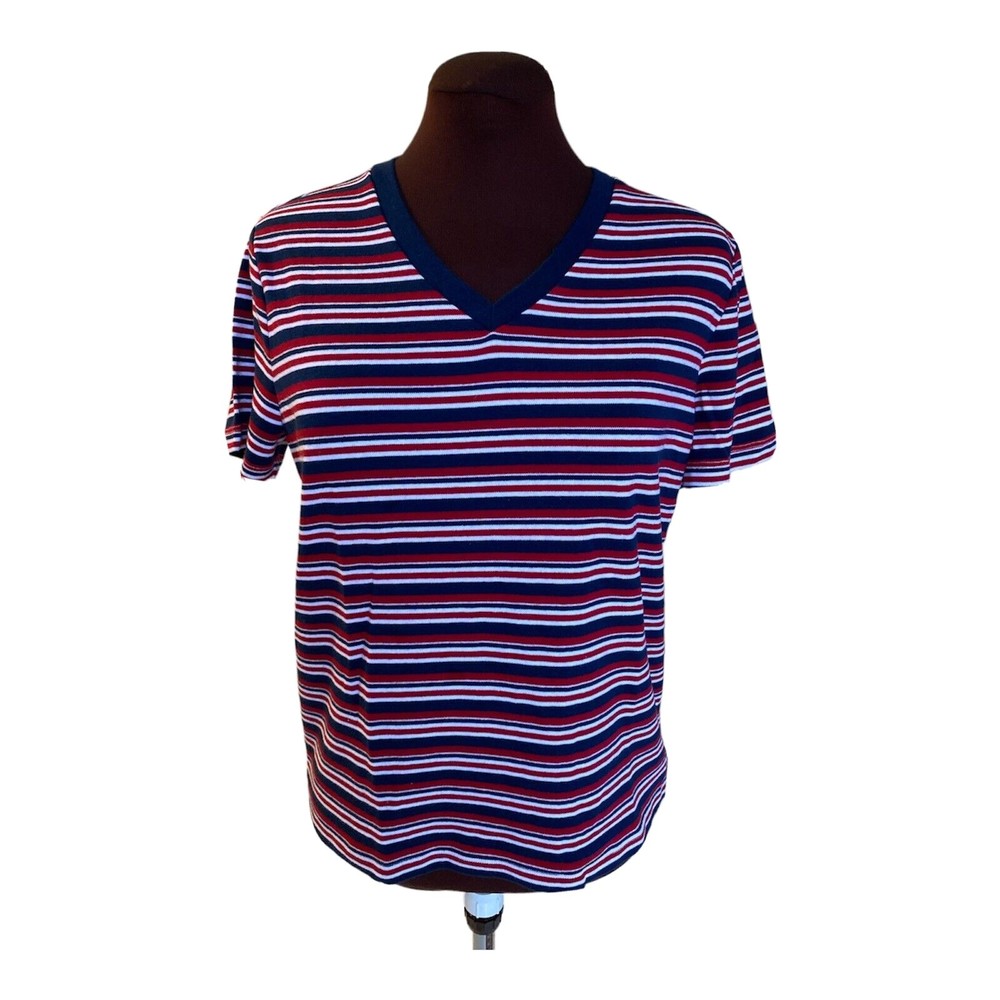 Hasting & Smith Womens Red White Blue Striped V Neck Short Sleeve Top Size M